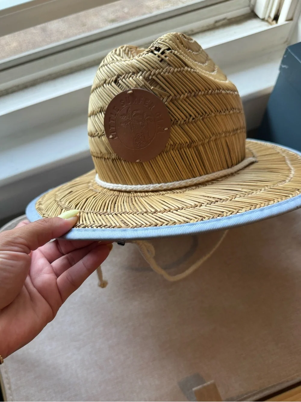 Little surfer girl Straw Kids Sun Hat with Light Blue Trim